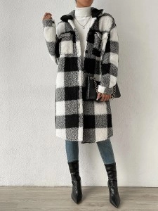 Autumn and winter lapel plush plaid coat loose long coat