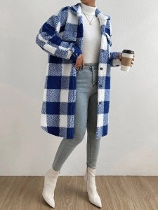 Autumn and winter lapel plush plaid coat loose long coat