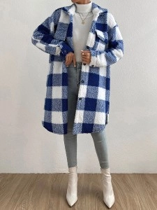 Autumn and winter lapel plush plaid coat loose long coat