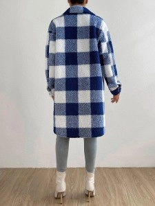 Autumn and winter lapel plush plaid coat loose long coat