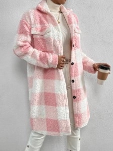 Autumn and winter lapel plush plaid coat loose long coat