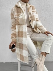 Autumn and winter lapel plush plaid coat loose long coat