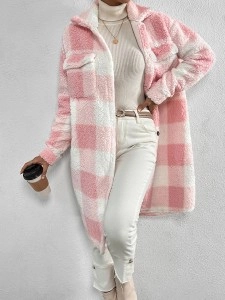 Autumn and winter lapel plush plaid coat loose long coat