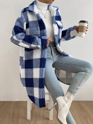 Autumn and winter lapel plush plaid coat loose long coat