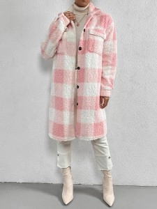 Autumn and winter lapel plush plaid coat loose long coat
