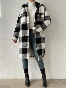 Autumn and winter lapel plush plaid coat loose long coat