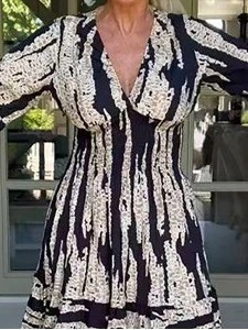 Bell Sleeve V-neck Dress  Print Mid-length Skirt