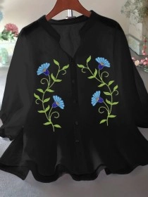 Black women's loose cotton linen embroidered shirt