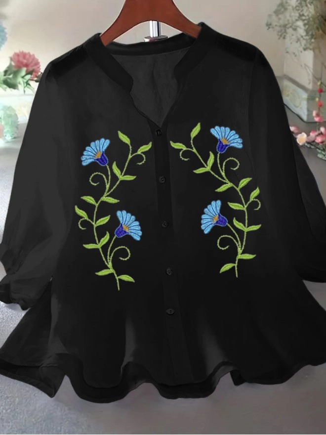 Black women's loose cotton linen embroidered shirt