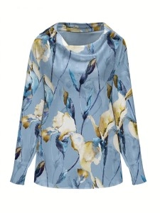Blue elegant satin swingneck shirt