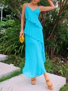 Blue halter ruffled patchwork dress