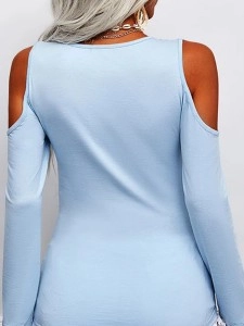 Blue off-the-shoulder sexy knit T-shirt top
