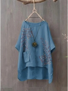 Blue round neck pullover loose comfortable breathable cotton linen shirt