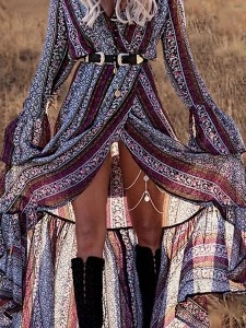 Bohemian Print V Neck Bell Sleeve Maxi Dress