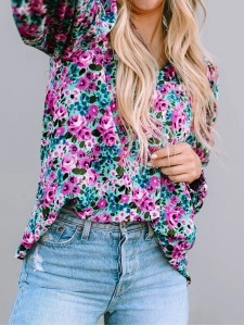 BOHO FLORAL PRINT V-NECK LONG SLEEVE BLOUSE