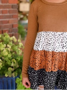 Brown round neck casual top with polka dot ruffle stitching