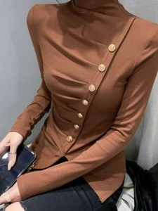 Brown women's turtleneck pleated top T-shirt