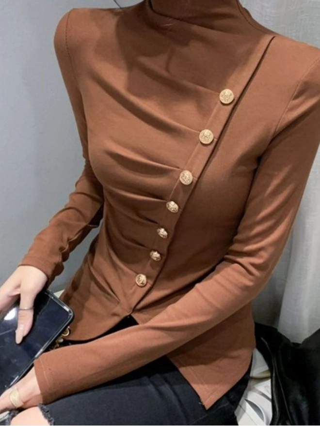 Brown women's turtleneck pleated top T-shirt