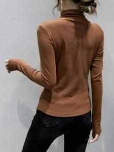 Brown women's turtleneck pleated top T-shirt