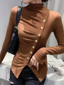 Brown women's turtleneck pleated top T-shirt