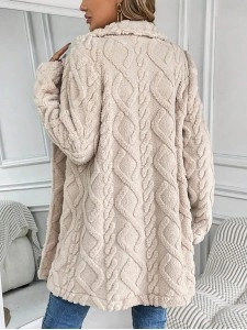Buckle Jacquard Winter Warmth Plain Thicken Fleece Casual Loose Lapel Collar Mid-long Teddy Jacket