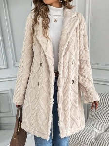 Buckle Jacquard Winter Warmth Plain Thicken Fleece Casual Loose Lapel Collar Mid-long Teddy Jacket