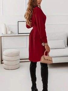 Burgundy shirt dress with lapel waist