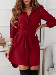 Burgundy shirt dress with lapel waist