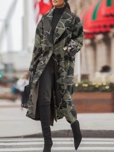 Camo Warm Long Sleeve Long Wool Coat