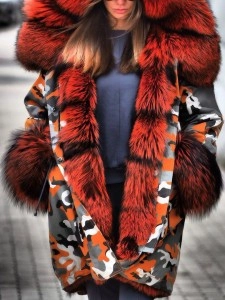 Casual contrasting color camouflage fur collar long-sleeved coat
