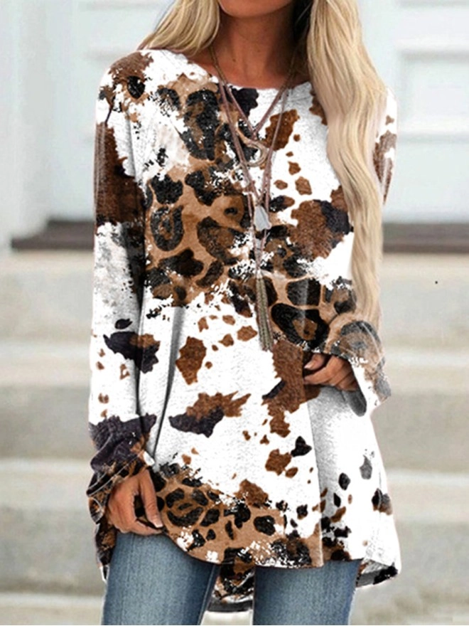 Casual contrasting cow pattern T-shirt