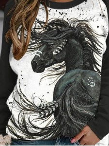 Casual contrasting horse print crew neck sweatshirt