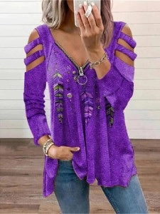 Casual Feather Print Cutout Long Sleeve T-shirt