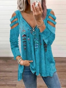 Casual Feather Print Cutout Long Sleeve T-shirt