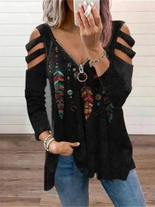 Casual Feather Print Cutout Long Sleeve T-shirt