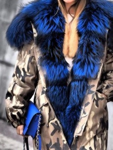 Casual fur collar patchwork camouflage coat