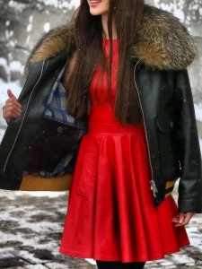 Casual fur collar patchwork leather coat