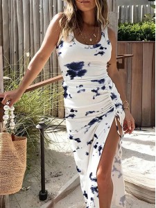 Casual Holiday Tie Dye Sleeveless Drawstring Dress