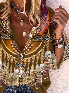 Casual Retro Ethnic Print Blouses