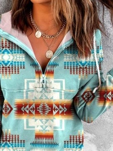 Casual retro printed drawstring long sleeve sweatshirt