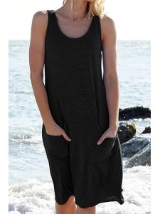 Casual Solid Patchwork Pocket Basic O Neck Straight Dresses