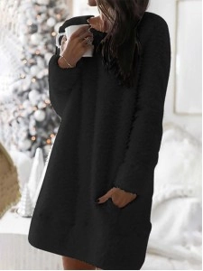 Casual Solid Patchwork Pocket O Neck A Line Dresses