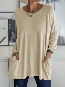 Casual Solid Patchwork Pocket O Neck Tops
