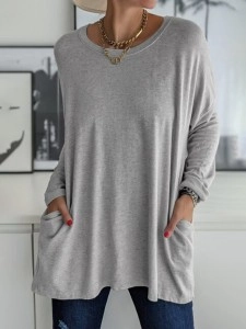Casual Solid Patchwork Pocket O Neck Tops