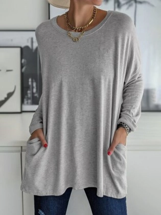 Casual Solid Patchwork Pocket O Neck Tops