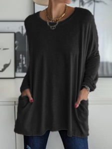 Casual Solid Patchwork Pocket O Neck Tops