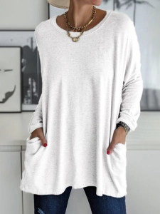Casual Solid Patchwork Pocket O Neck Tops