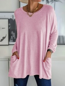Casual Solid Patchwork Pocket O Neck Tops