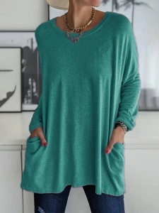 Casual Solid Patchwork Pocket O Neck Tops