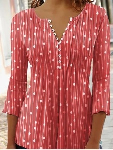 Casual V-neck 3/4 Sleeves Polka Dots Stripes Top